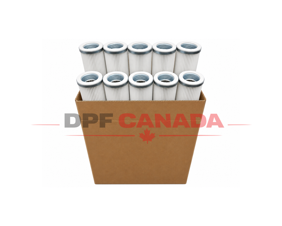 A brown cardboard box containing ten white pleated filter cartridges with gray tops, shown on a white background with a red 'DPF CANADA' watermark.