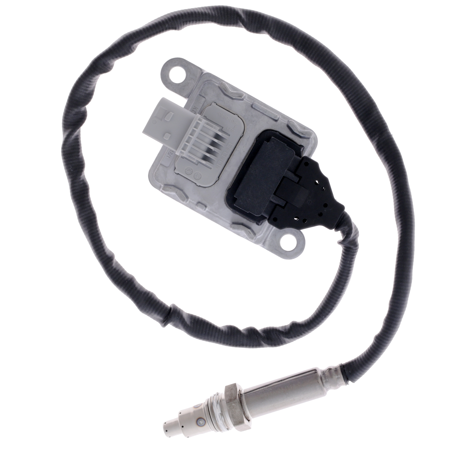 NOx Sensor part number SNX001 for Cummins engine showing stainless steel probe, control module, and braided wiring harness